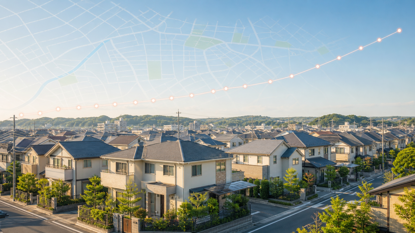 住宅地の街並みと地価上昇を示すグラフのイメージ