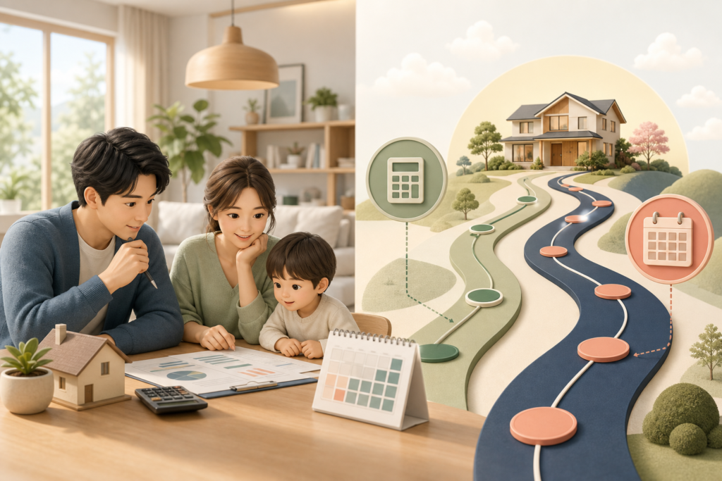 35年と50年の住宅ローンを家族が比較するイラスト