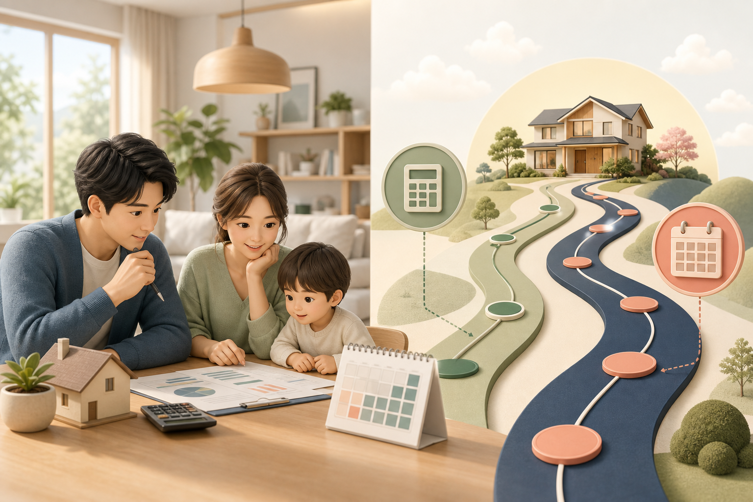 35年と50年の住宅ローンを家族が比較するイラスト