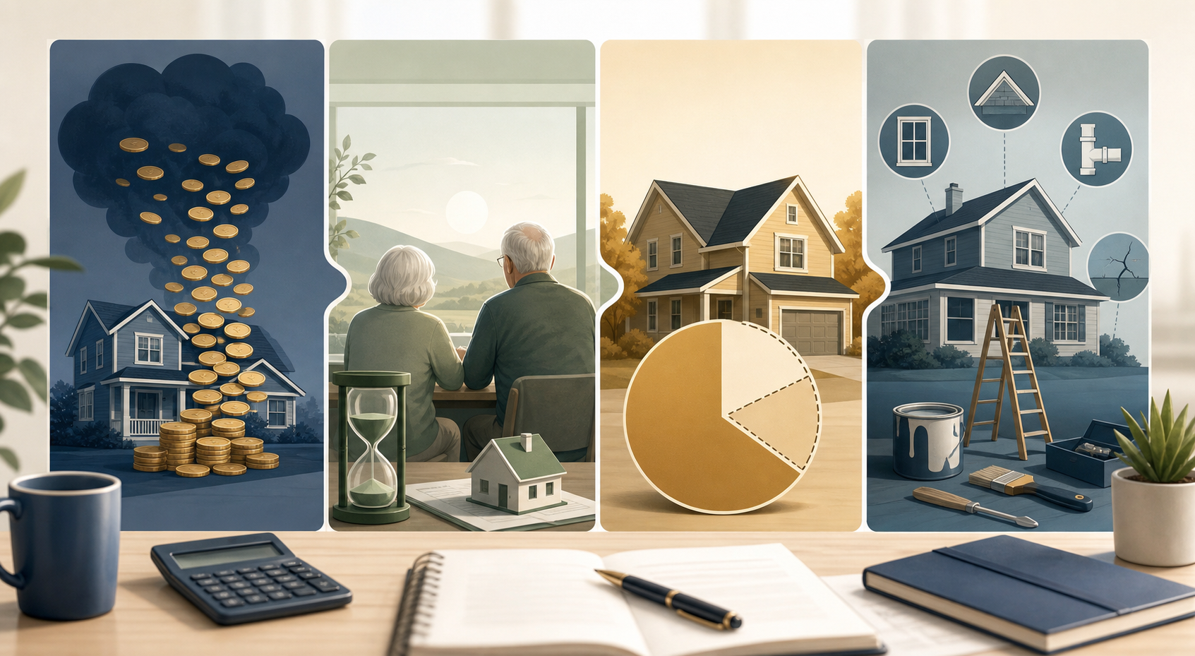 50年住宅ローンの総返済額、完済年齢、残債、維持費を示すイラスト