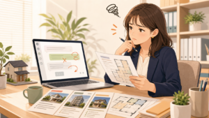 AIの回答と不動産資料を見比べて困っている担当者
