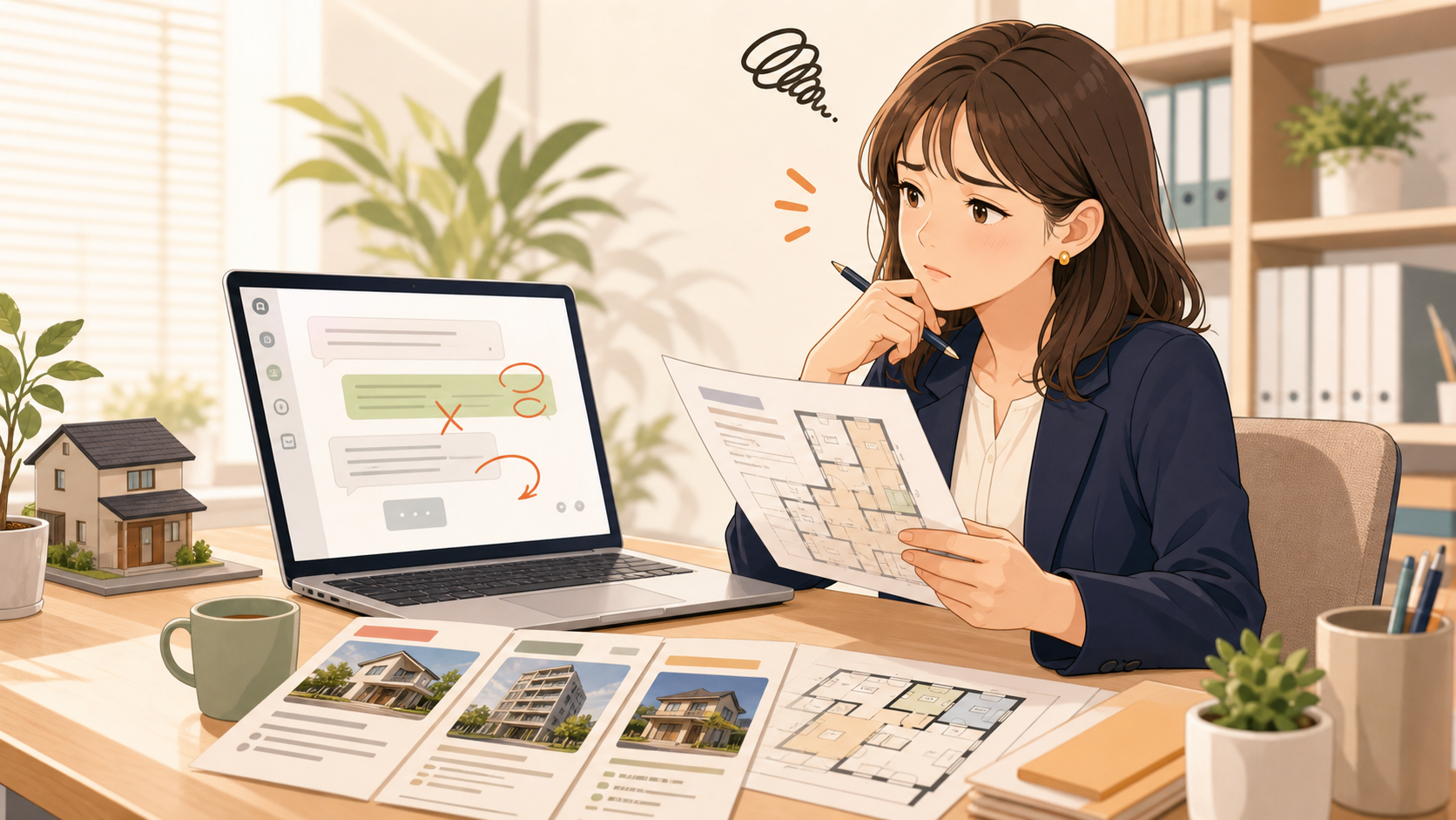 AIの回答と不動産資料を見比べて困っている担当者