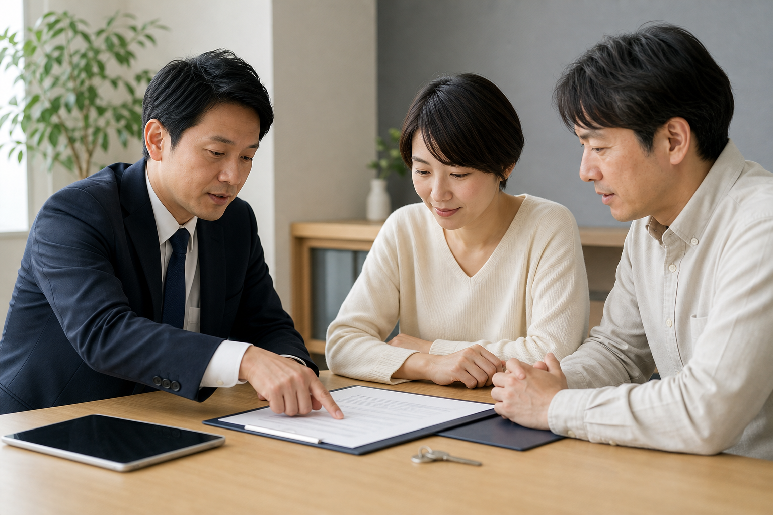 売主と買主が専門家と契約不適合責任の条項を確認する様子