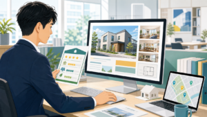 新築物件の省エネ性能ラベルを確認して広告を作成する不動産担当者のイラスト