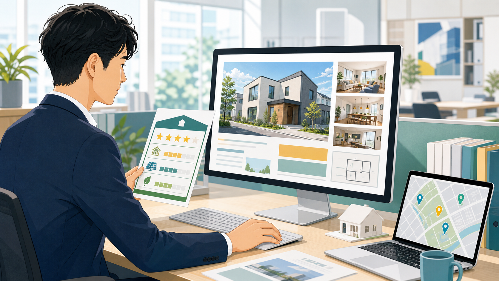 新築物件の省エネ性能ラベルを確認して広告を作成する不動産担当者のイラスト