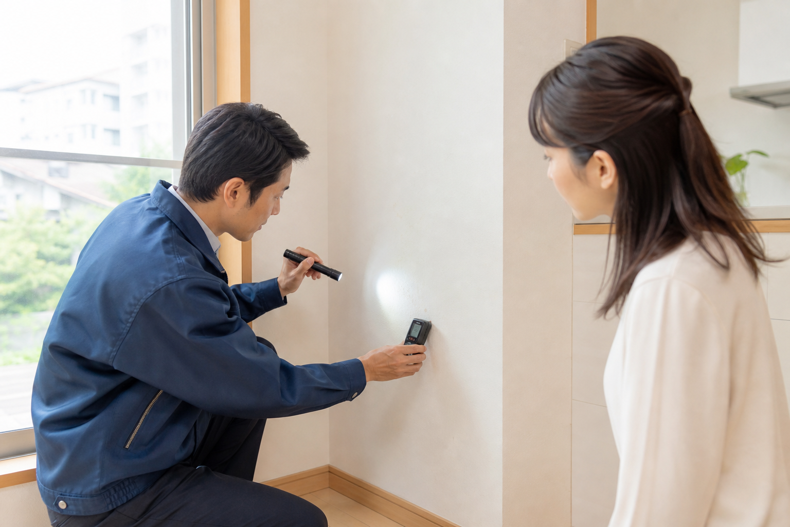 中古住宅の壁を機器で調べるホームインスペクションの様子