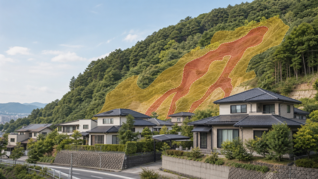 斜面近くの住宅地に土砂災害の警戒区域を重ねたイメージ