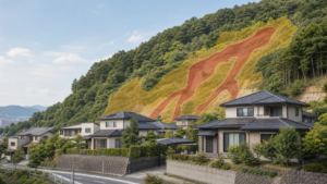 斜面近くの住宅地に土砂災害の警戒区域を重ねたイメージ