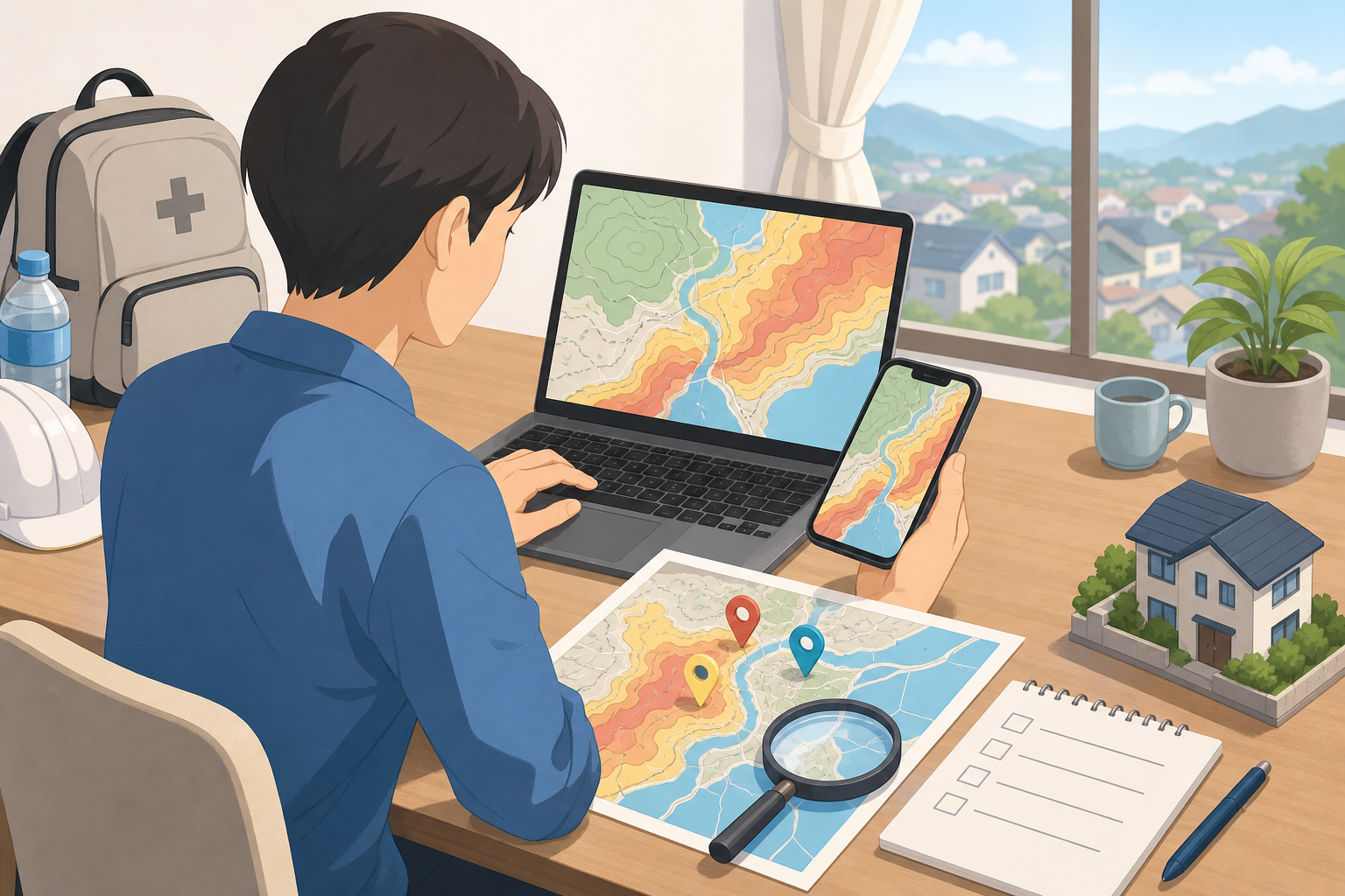 パソコンとスマートフォンでハザードマップを確認する人のイラスト