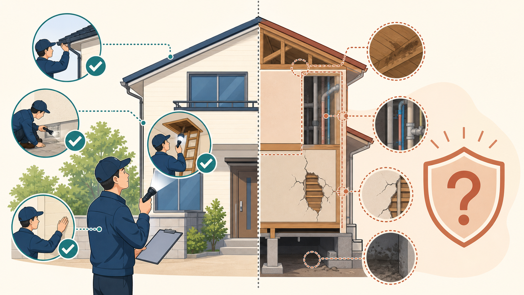 ホームインスペクションで見える箇所と壁内など見えない箇所の違いを示すイラスト
