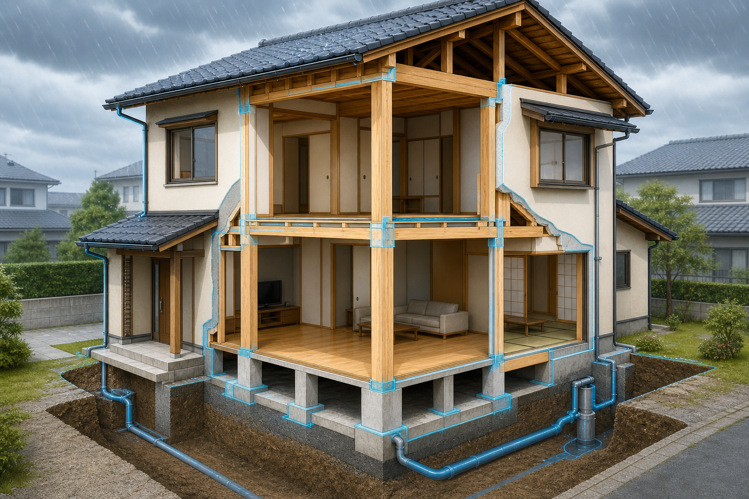 中古住宅でホームインスペクションの主な調査箇所を示す断面イラスト