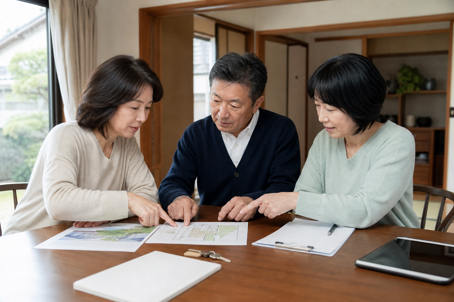 相続人が実家の資料と鍵を整理して不動産の状況を確認している様子