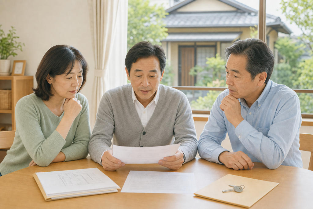 相続した実家の売却について話し合う相続人たち