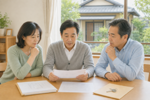相続した実家の売却について話し合う相続人たち