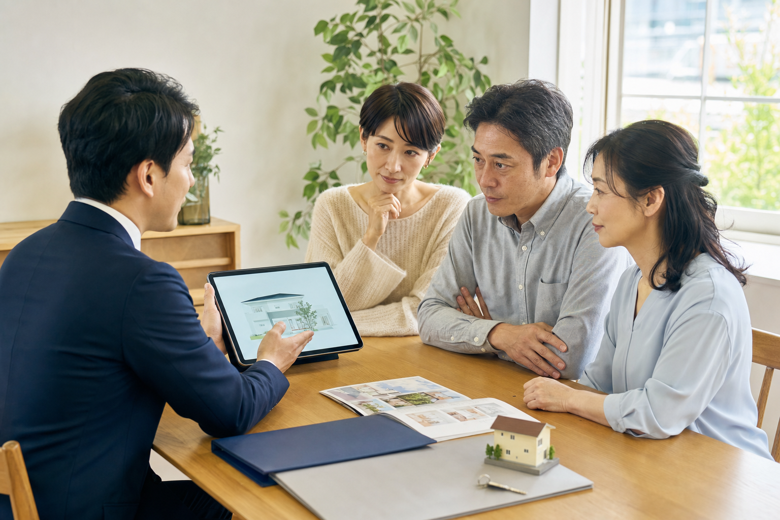 不動産担当者から相続した実家の売却手順を聞く相続人たち