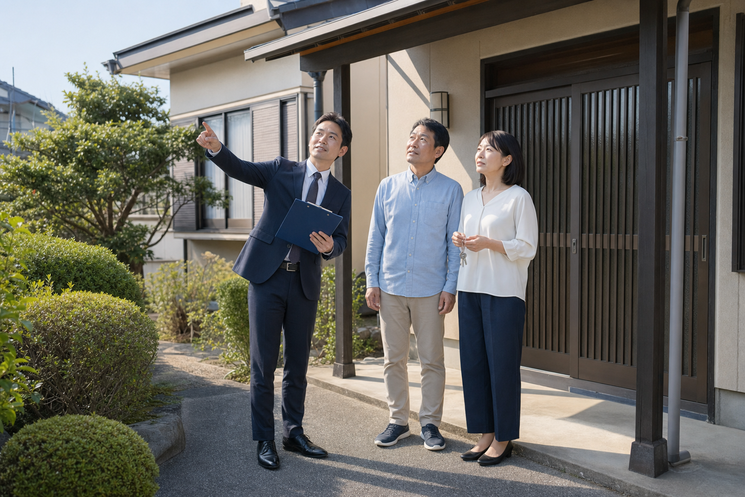 相続人と不動産担当者が売却前に実家の外観を最終確認している様子