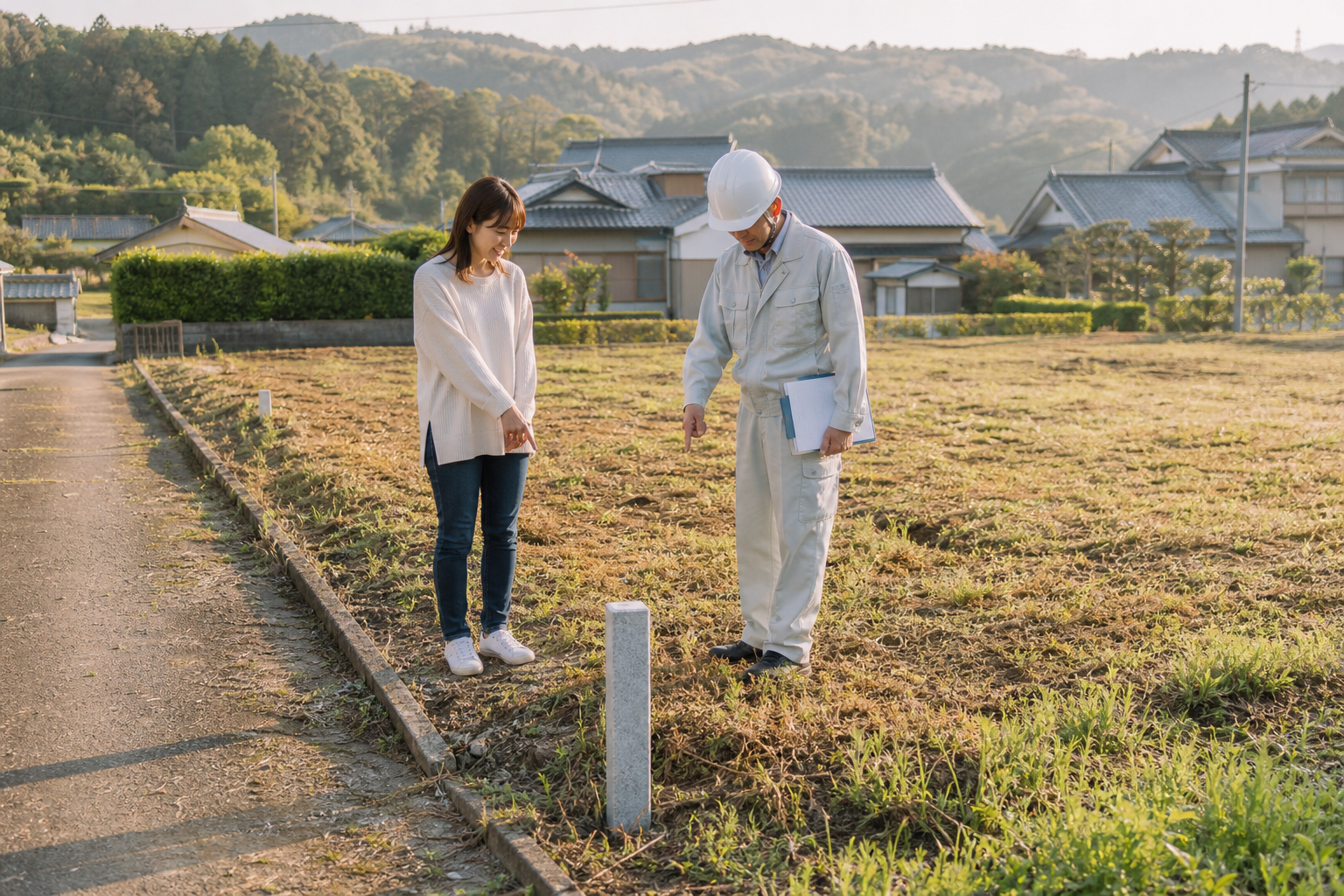 相続した土地の境界標と接道状況を所有者と専門家が確認する様子