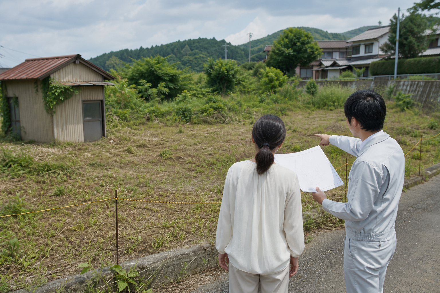 相続した土地に建物や境界問題がないか現地で確認する様子