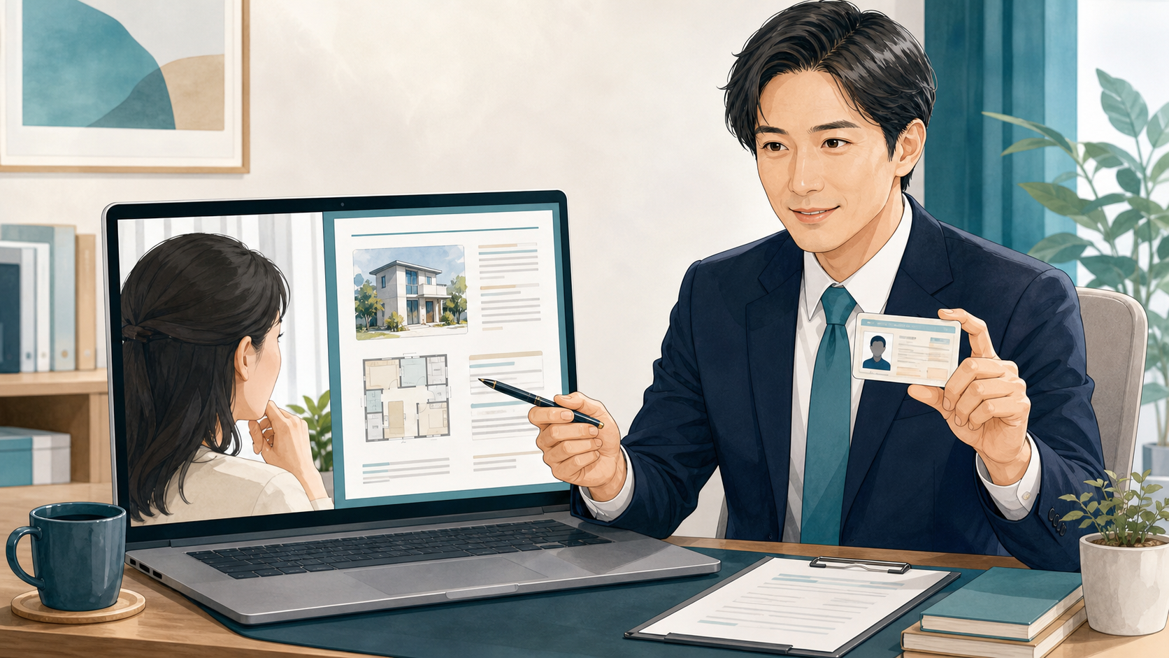 オンラインで重要事項説明を行い宅建士証を提示する不動産担当者のイラスト
