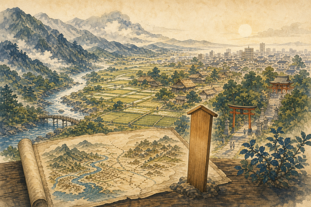 日本の地名の由来と歴史を表した和風イラスト