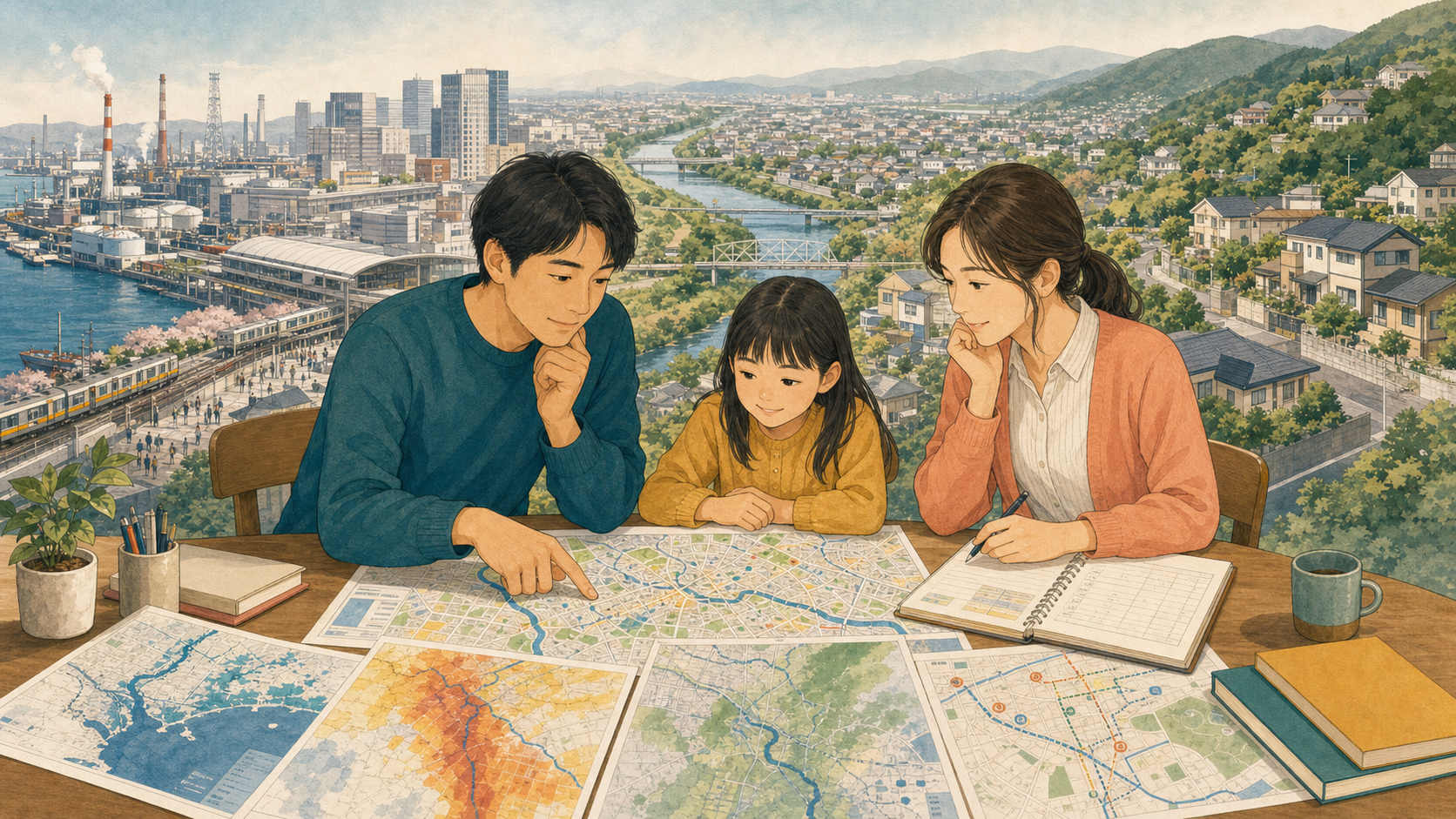 川崎市の臨海部・川沿い・丘陵住宅地を見比べながら住まいを考える家族