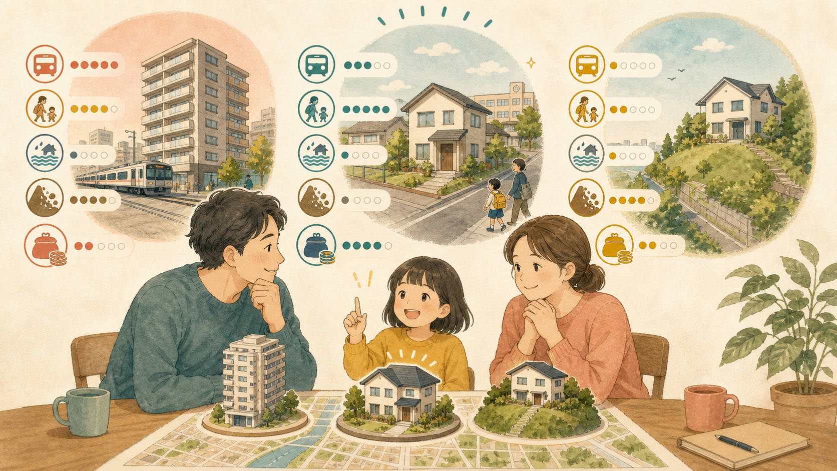 川崎市の三つの住宅候補を通学・水害・総予算で比較する家族