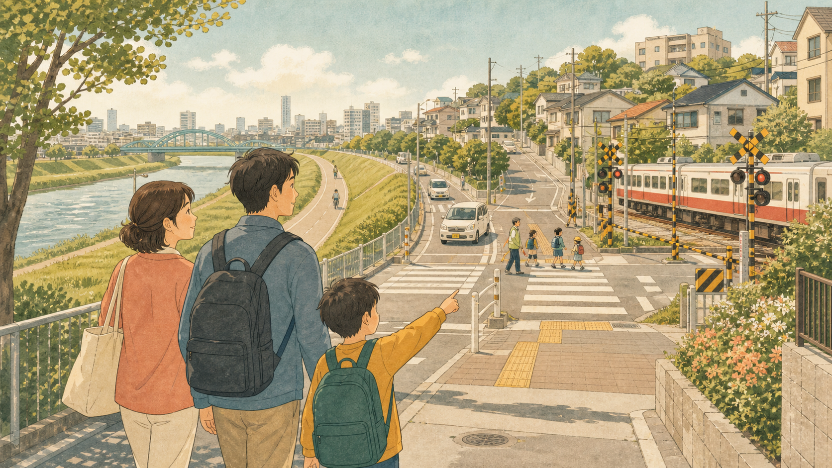 川崎市の住宅街で川・踏切・坂を含む通学経路を確かめる家族
