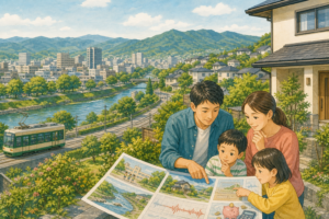 熊本市の中心市街地・路面電車・川・住宅地を見渡しながら学区・水害・地震・家計を話し合う家族