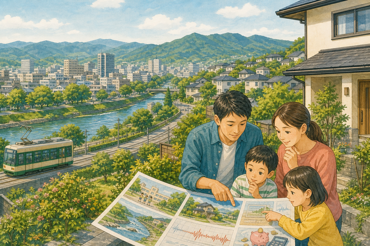 熊本市の中心市街地・路面電車・川・住宅地を見渡しながら学区・水害・地震・家計を話し合う家族