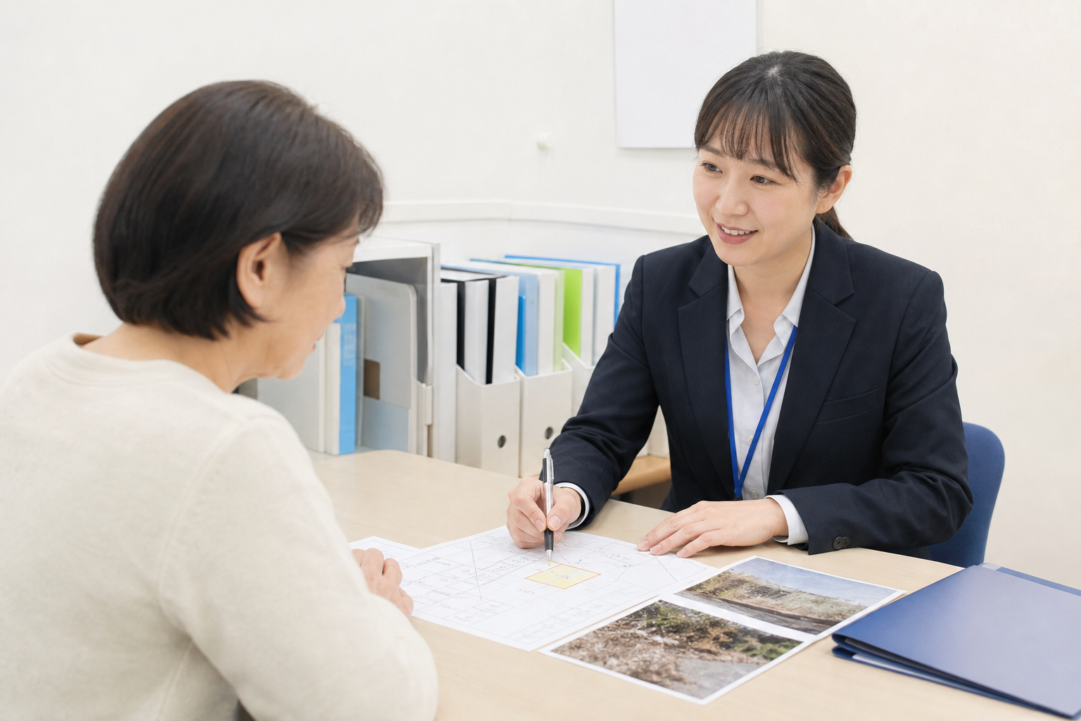 法務局の相談窓口で相続土地の地図や現況写真を確認する女性