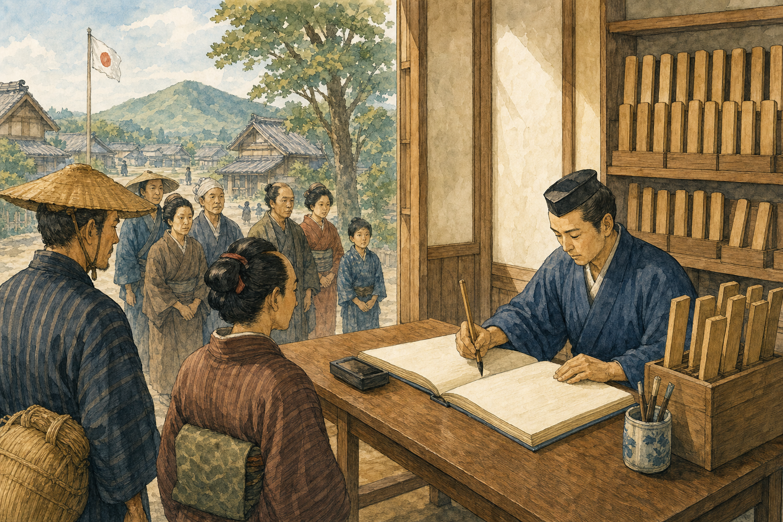 明治時代に苗字を公的に届け出る様子を表したイラスト