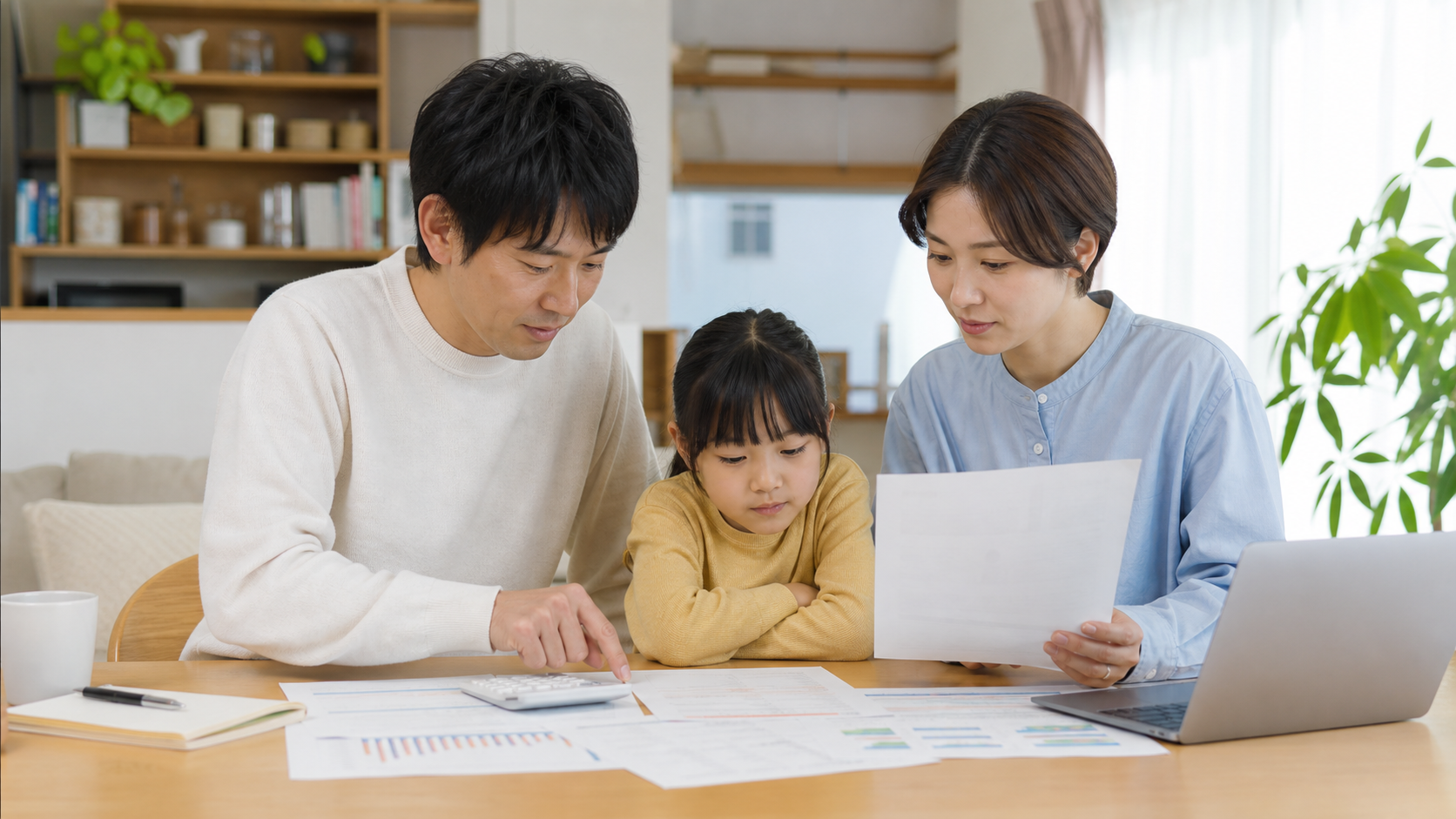 家計と住宅ローン返済計画を確認する家族