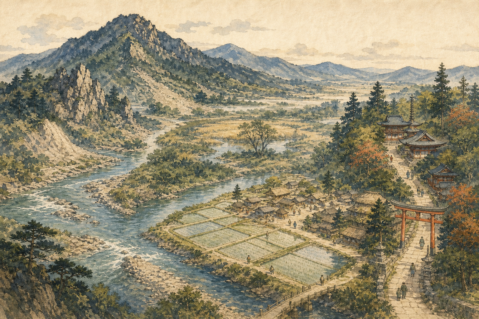 地形・水・田畑・寺社など地名の由来の種類を表すイラスト