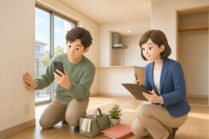 賃貸退去時に借主と管理担当者が室内を確認するイラスト