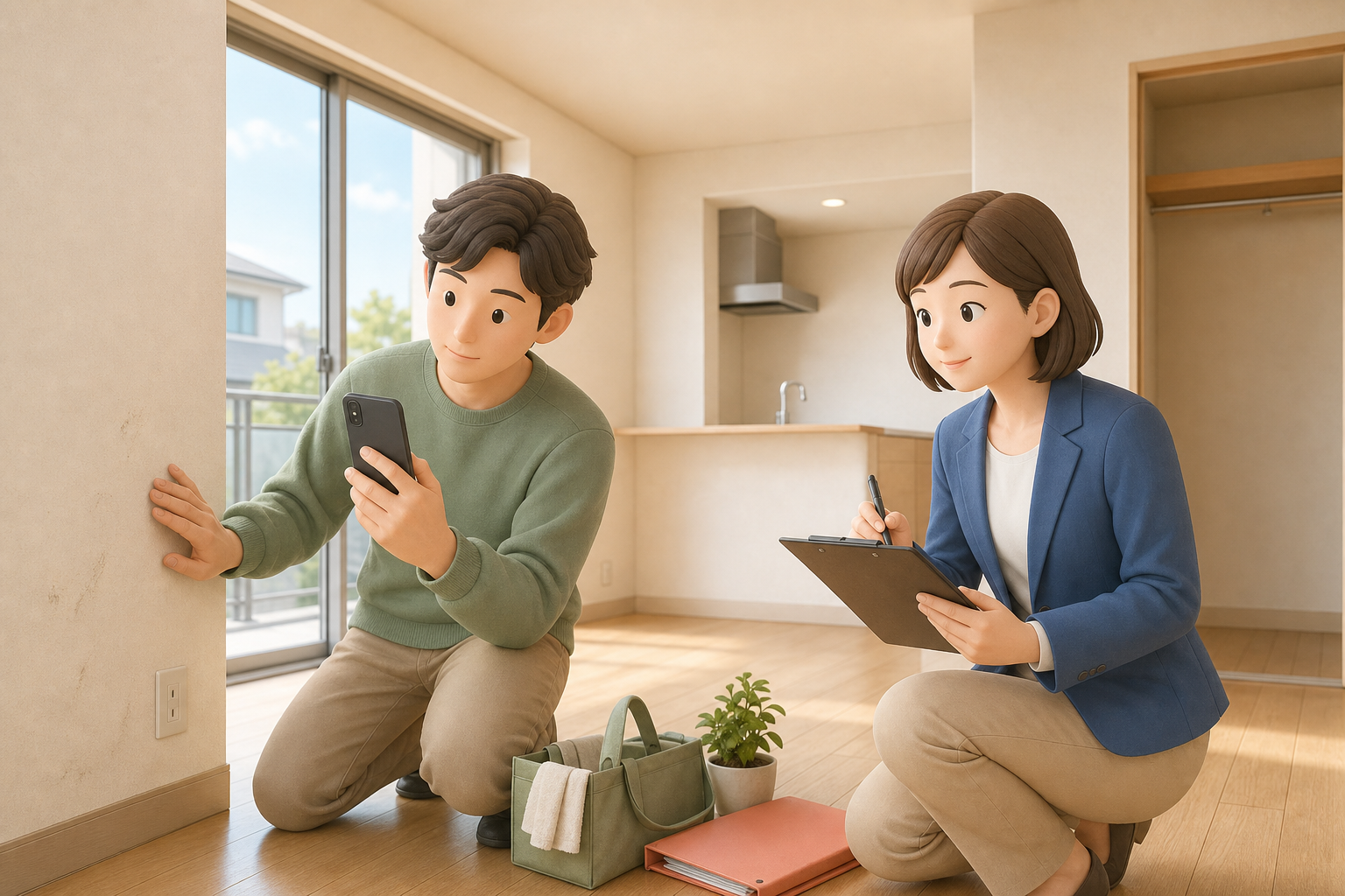 賃貸退去時に借主と管理担当者が室内を確認するイラスト