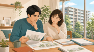 中古マンションの修繕積立金と長期修繕計画を確認する夫婦のイラスト