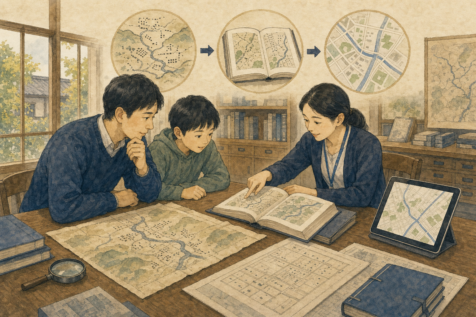 古地図や郷土資料から地名の由来を調べる様子を表すイラスト