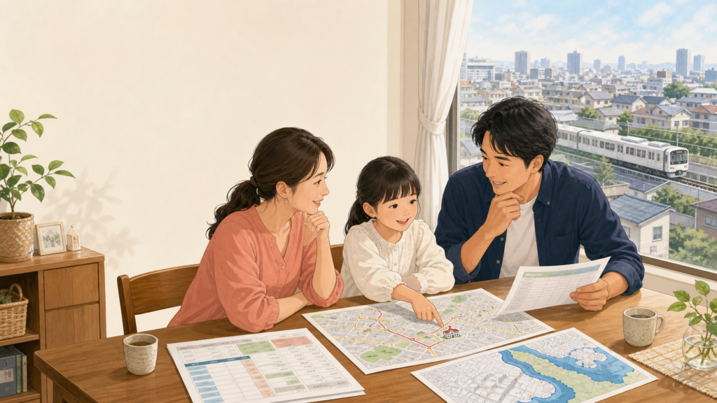 さいたま市で家族が学区・相場・ハザードマップを比較している様子