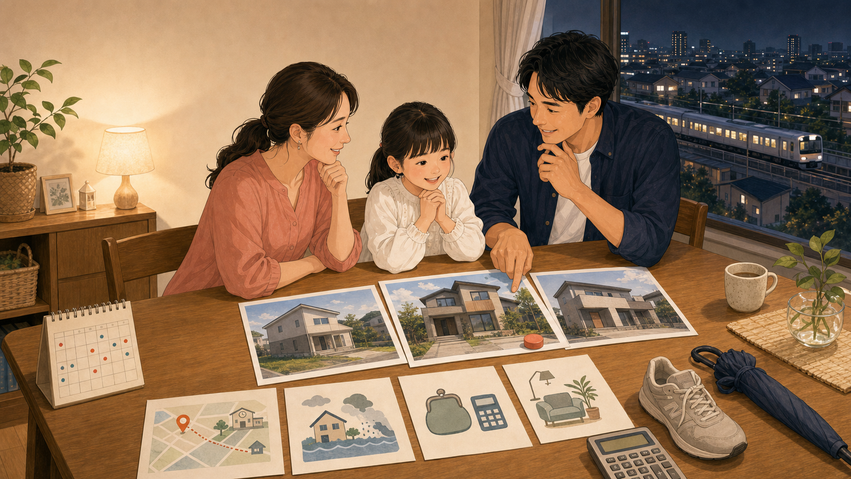 三つの候補住宅を学区・災害リスク・総予算・暮らしやすさで比較する家族