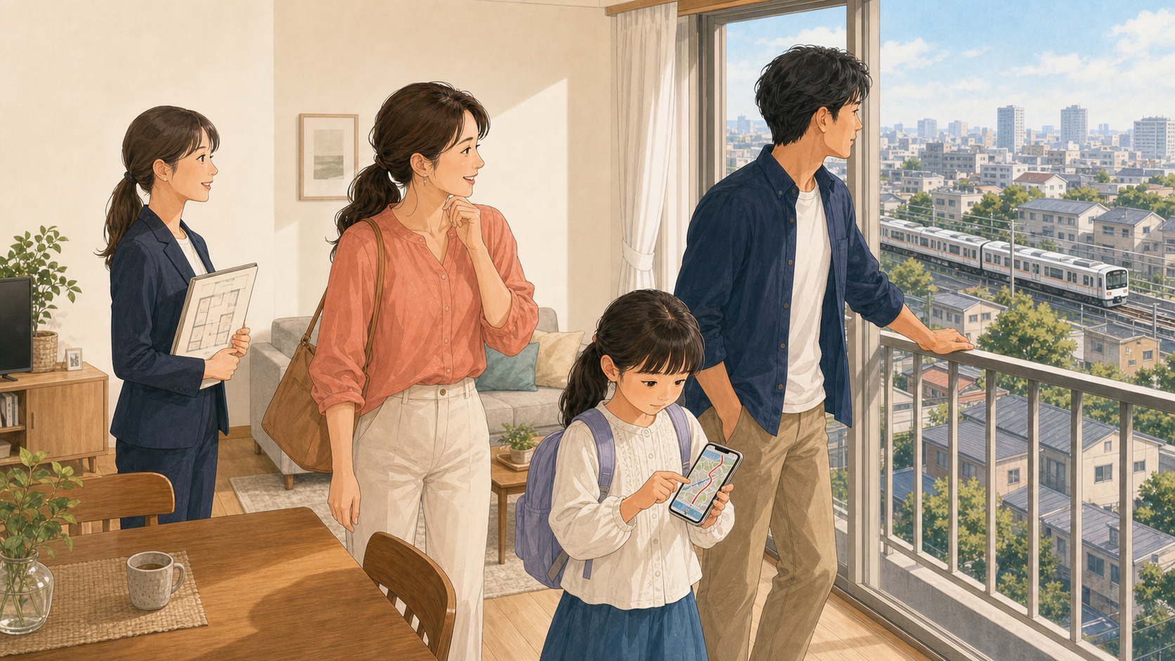 さいたま市の住宅を内見しながら子どもの通学経路を確認する家族