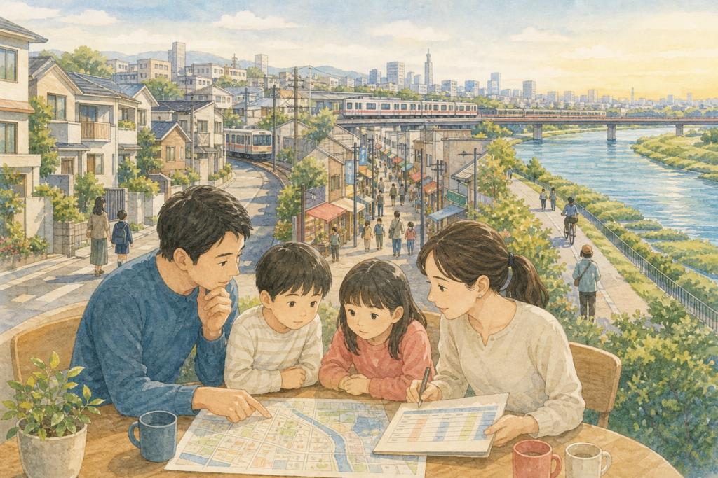 世田谷区の住宅街・商店街・鉄道・多摩川を見渡しながら学区・水害・家計を話し合う家族