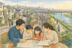 世田谷区の住宅街・商店街・鉄道・多摩川を見渡しながら学区・水害・家計を話し合う家族