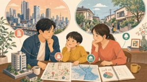 新宿区で高層街と住宅街を見比べながら学区・災害・家計を考える家族