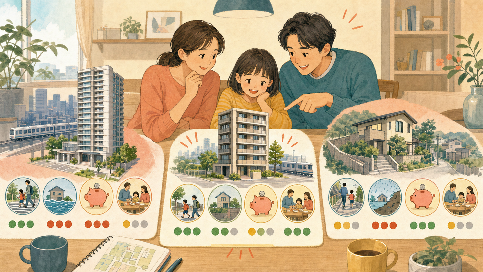 新宿区の三つの住宅候補を通学・災害・総予算で比べる家族
