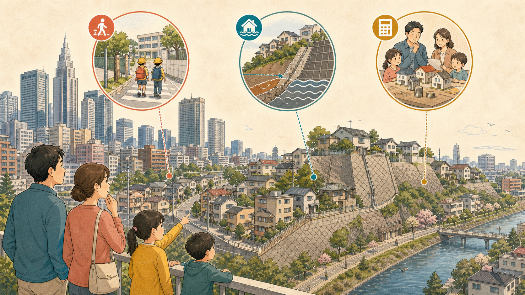 新宿区の高層街・住宅街・坂・低地を学区と災害リスクで比較する図解