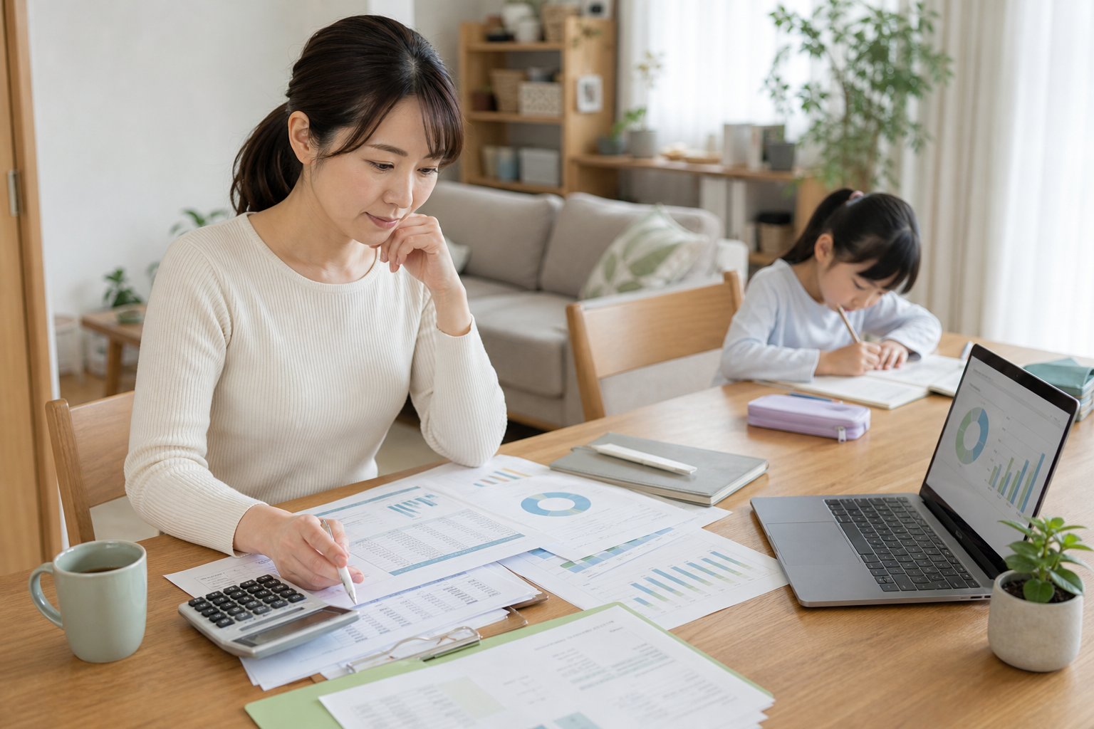 シングルマザーが子どものそばで住宅購入後の家計を試算している様子