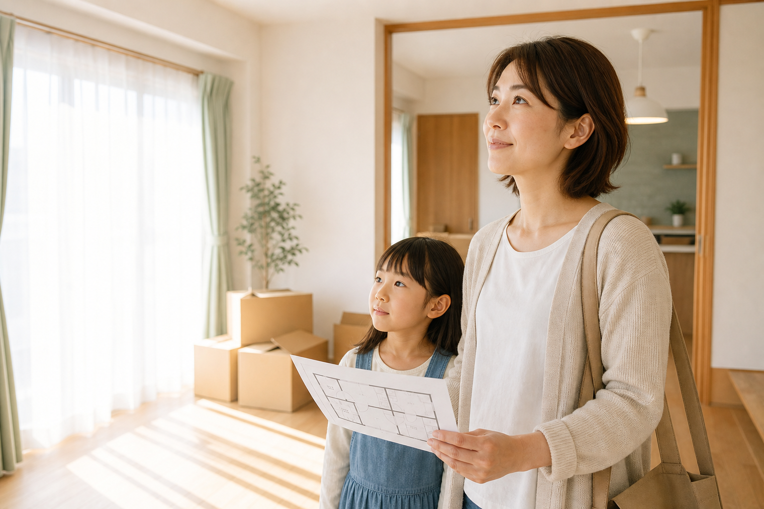 新しい住まいの購入を検討するシングルマザーと子ども