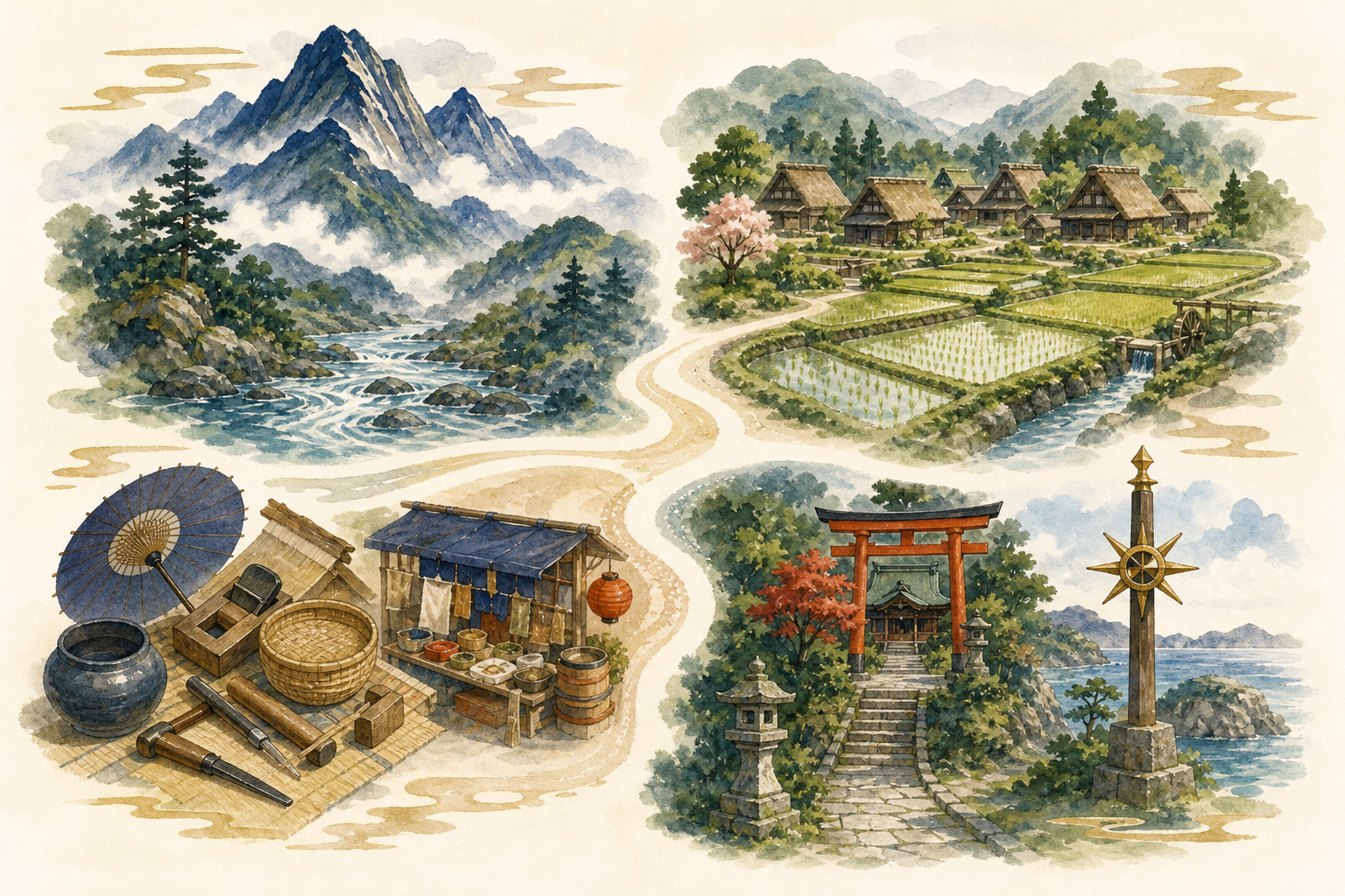 地名・地形・職業・方角など苗字の由来の種類を表すイラスト