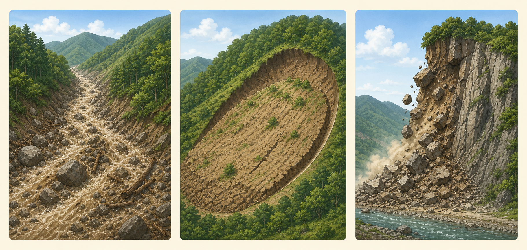 土石流・地すべり・急傾斜地の崩壊を比較した3分割イラスト