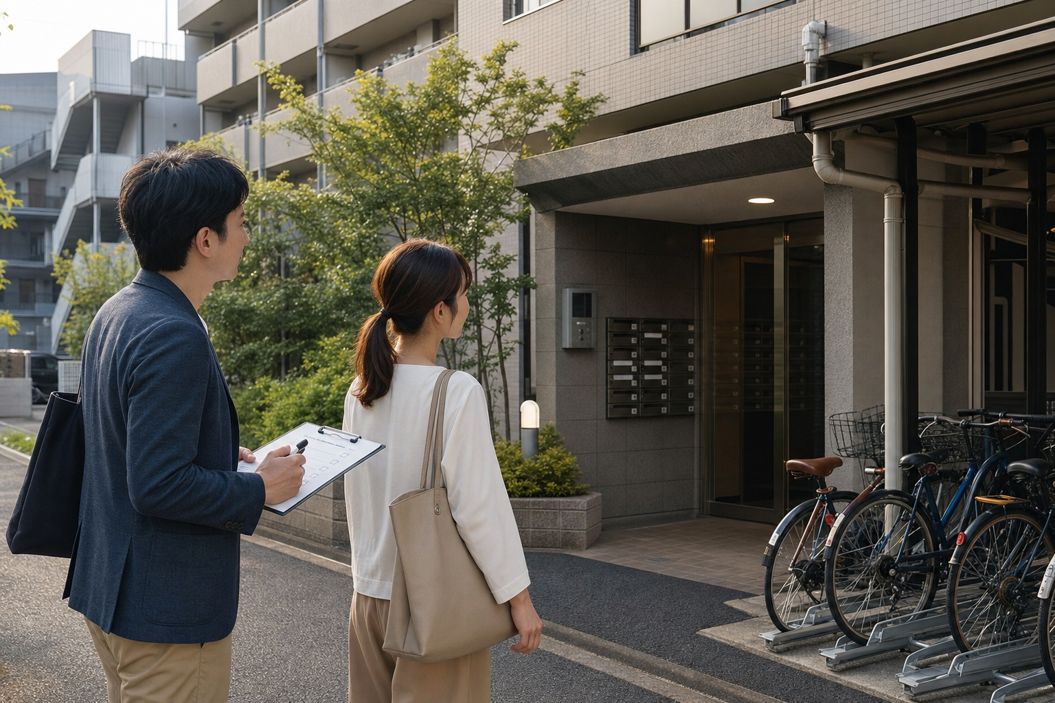 中古マンションのエントランスや駐輪場を確認する購入検討者